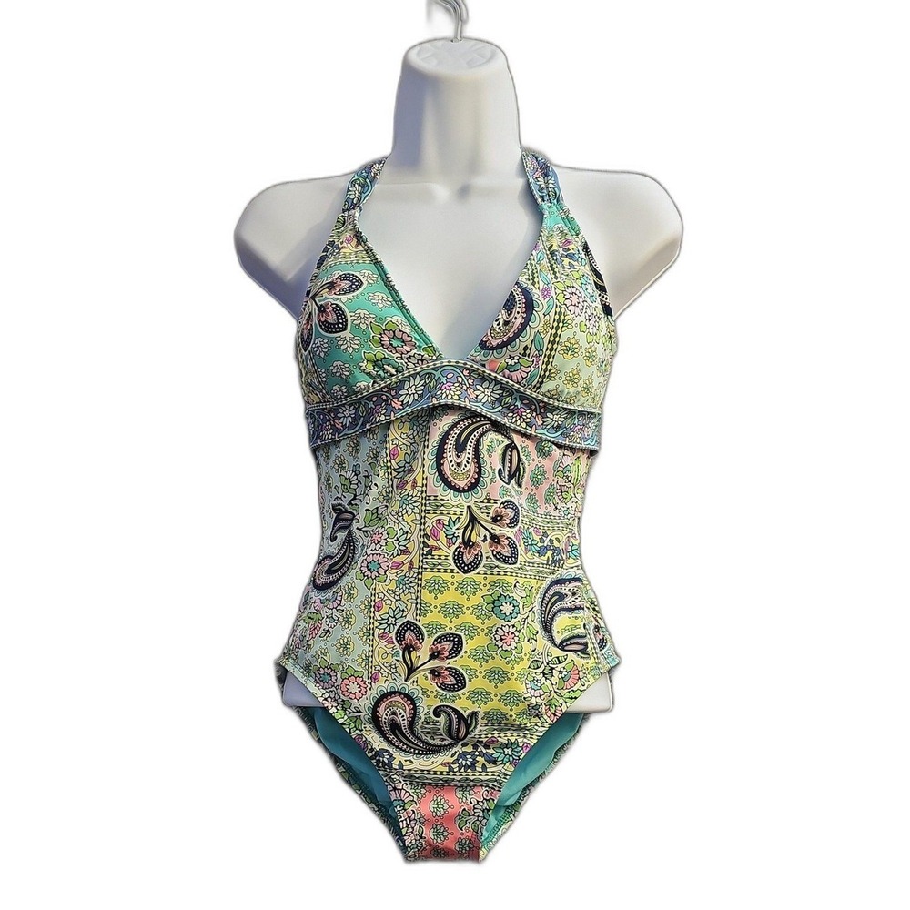 Cremieux Paisley Halter One-Piece Swimsuit Sz S‎ Blue Green Multi #NT28